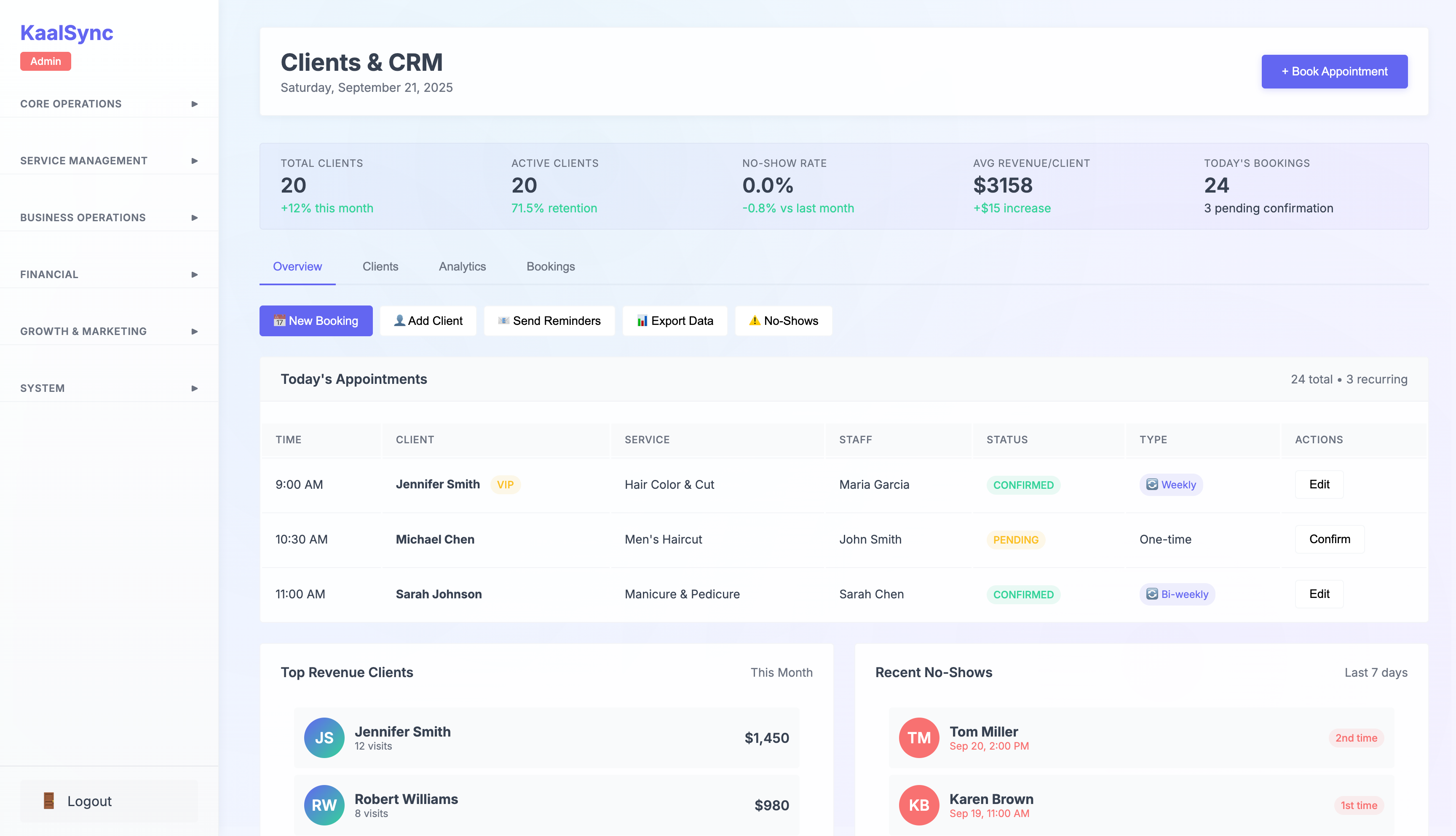 Client CRM - Client profiles, categorization, analytics, booking history, smart suggestions.