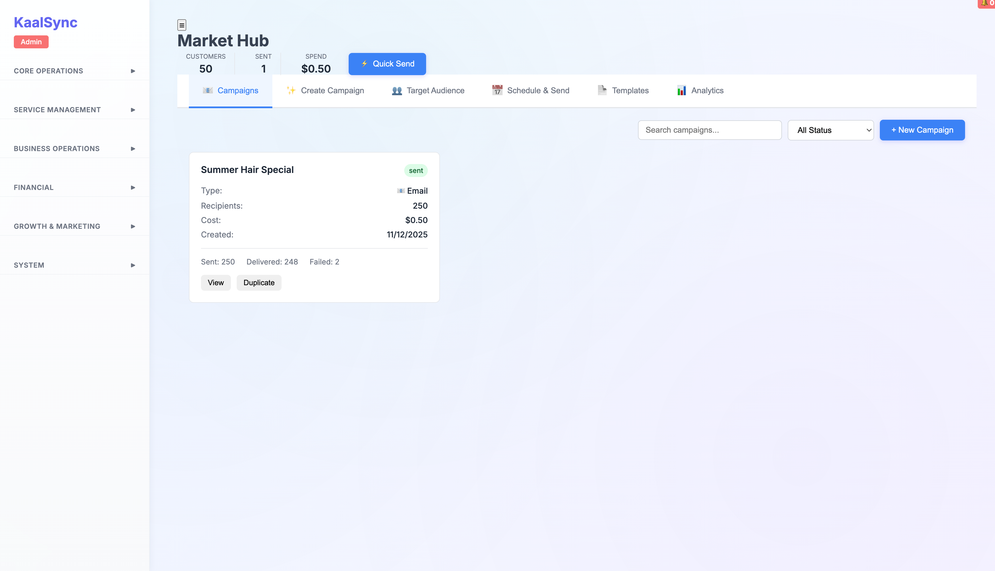 Marketing & Growth - Email/SMS campaigns, audience targeting, ROI tracking, template library.